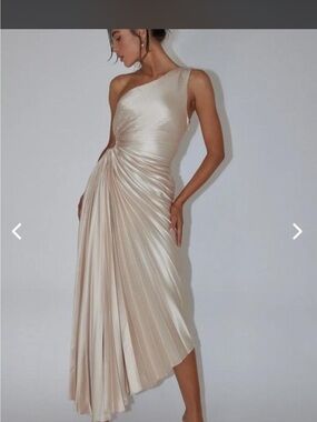 Selfie Leslie One-Shoulder Pleated Satin Dress in Ivory